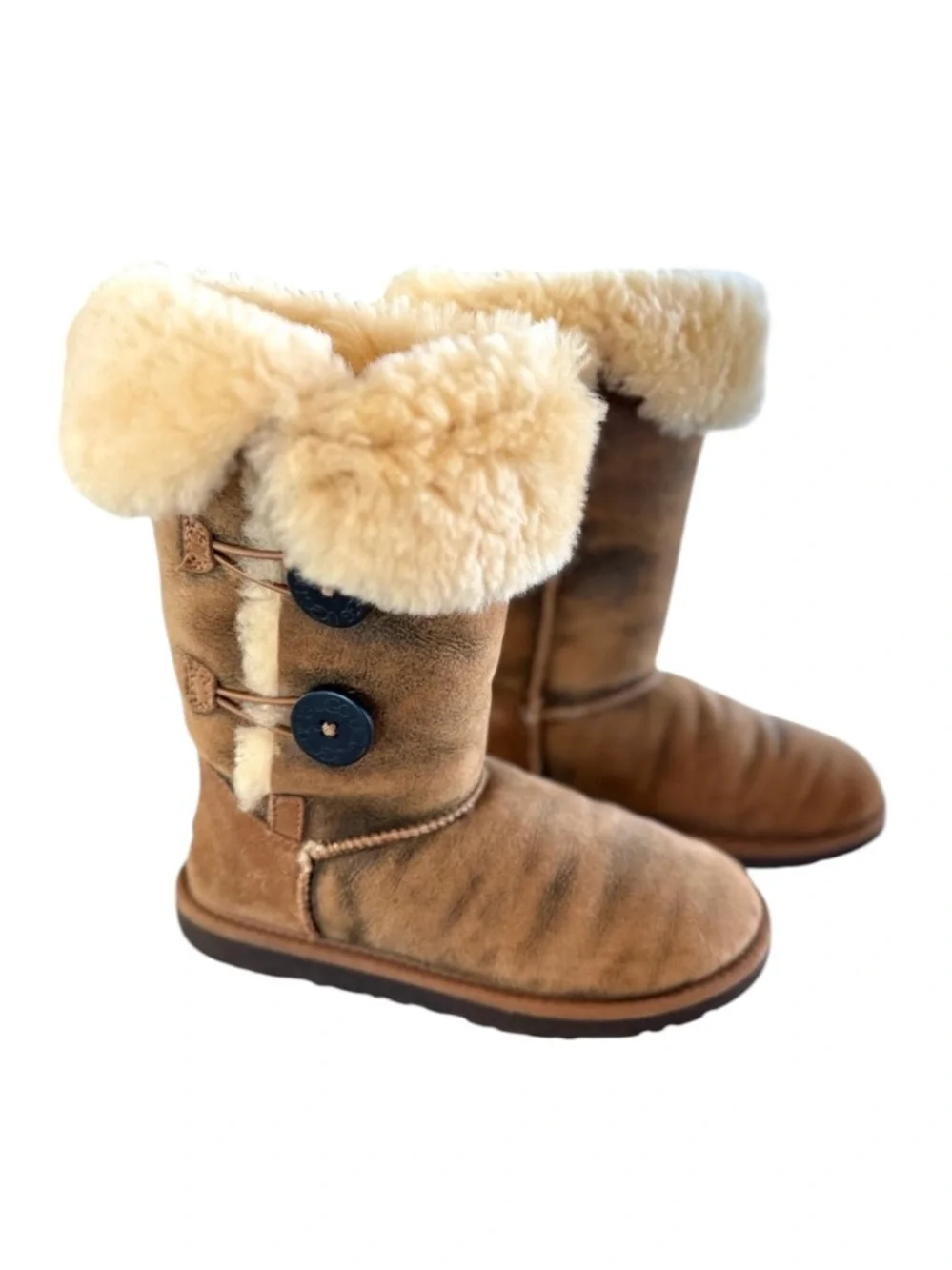UGG Bailey Button Triplet Tall Sheepskin Boots Brown Cream Women’s 6
